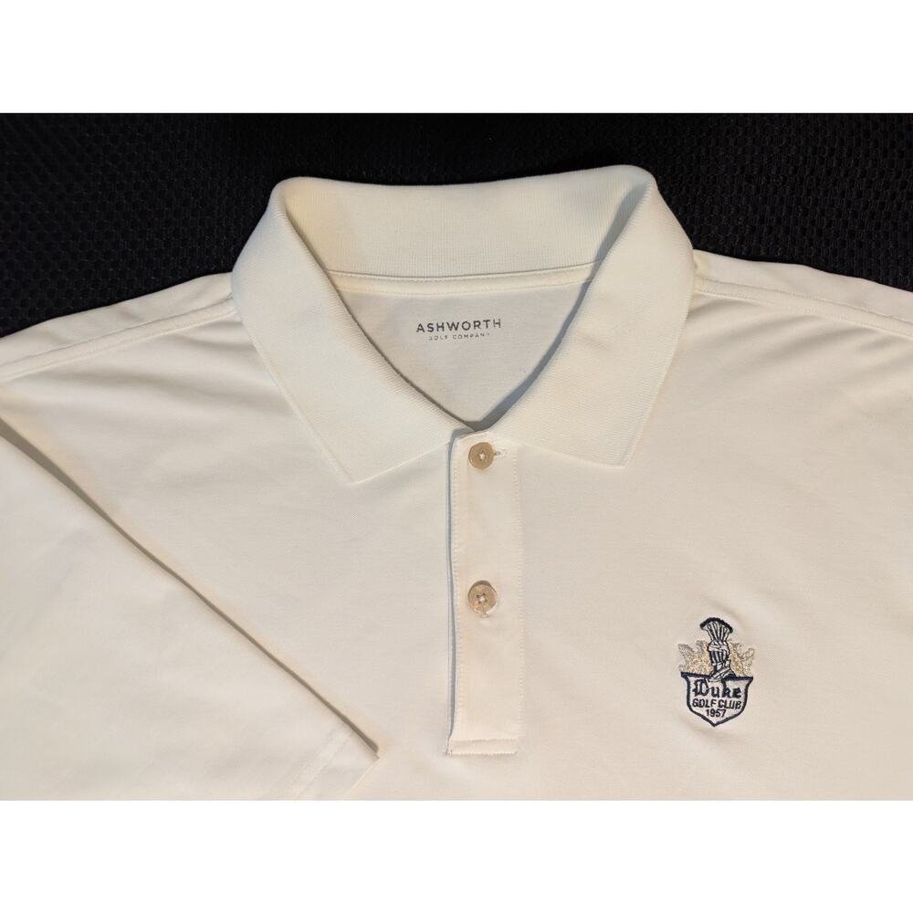 Ashworth golf white polo shirt Duke Golf Club 1967 logo Cotton Stretchy XL